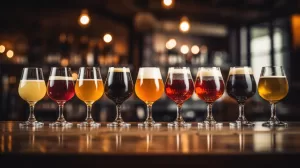 Imagem ilustrativa de várias taças de chopp em um bar ou Brewpub para ilustrar o texto sobre tipos de bar